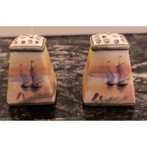 Vintage Nippon Hand-Painted Ceramic Salt & Pepper Shakers With Sailboat and Wind